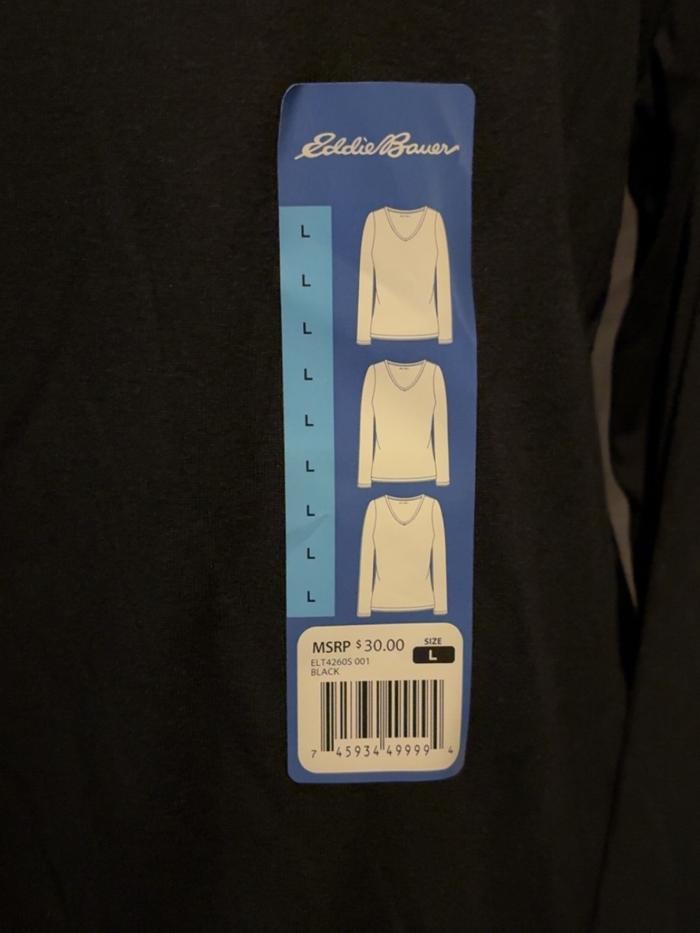 NWT Eddie Bauer Black Long Sleeve V Neck Tee Shirt Women’s Large - Picture 2 of 6